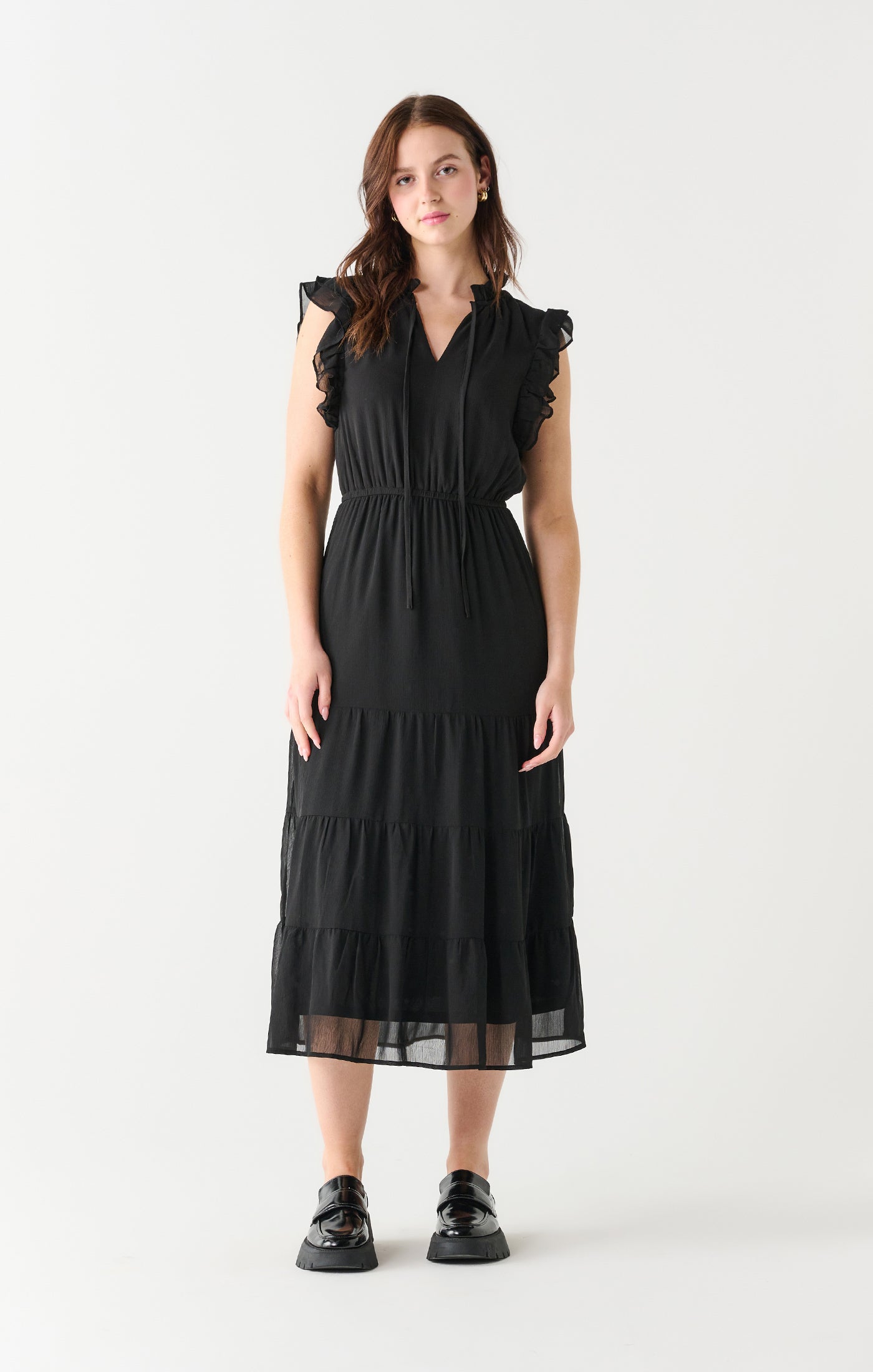 Black Tape Ruffle Sleeve Tiered Maxi Dress