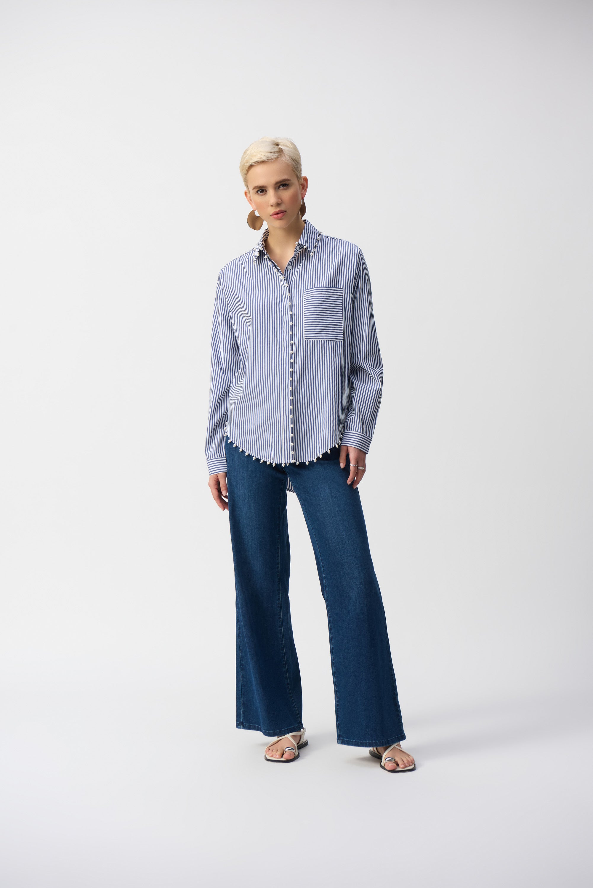 Joseph Ribkoff Pin Stripe Shirt With Pearl Detail