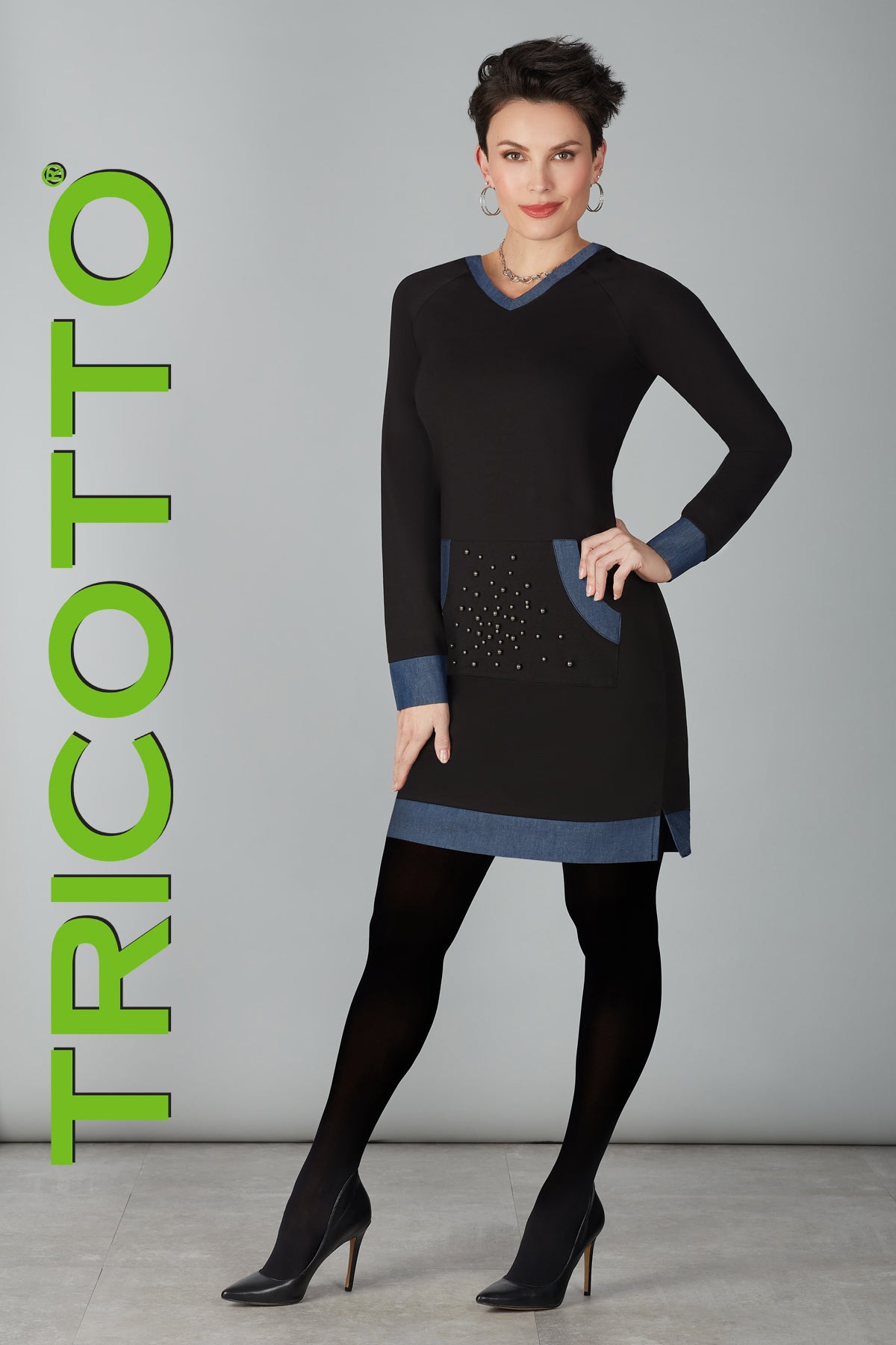 Tricotto Knit Dress With Denim Trim