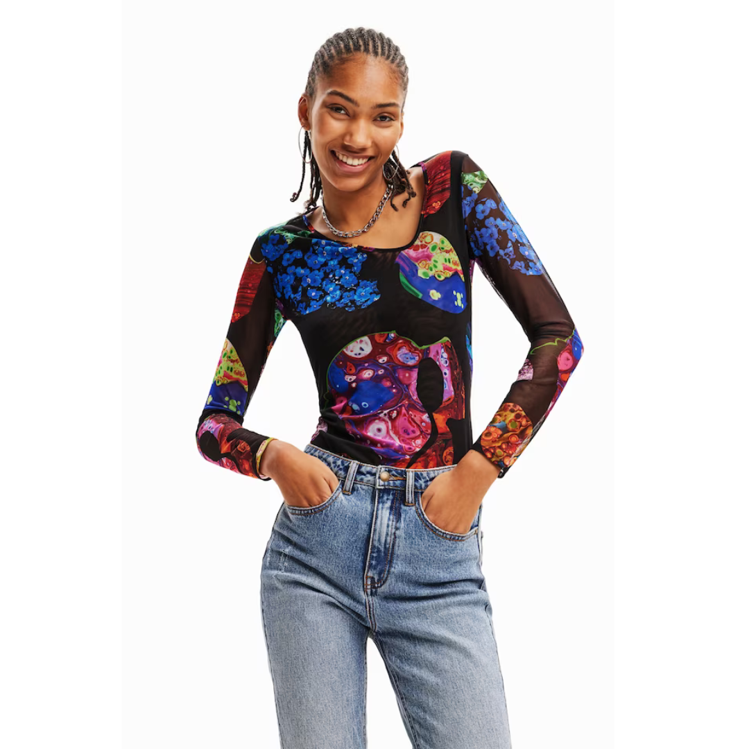 Desigual La Croix Mesh Print Top