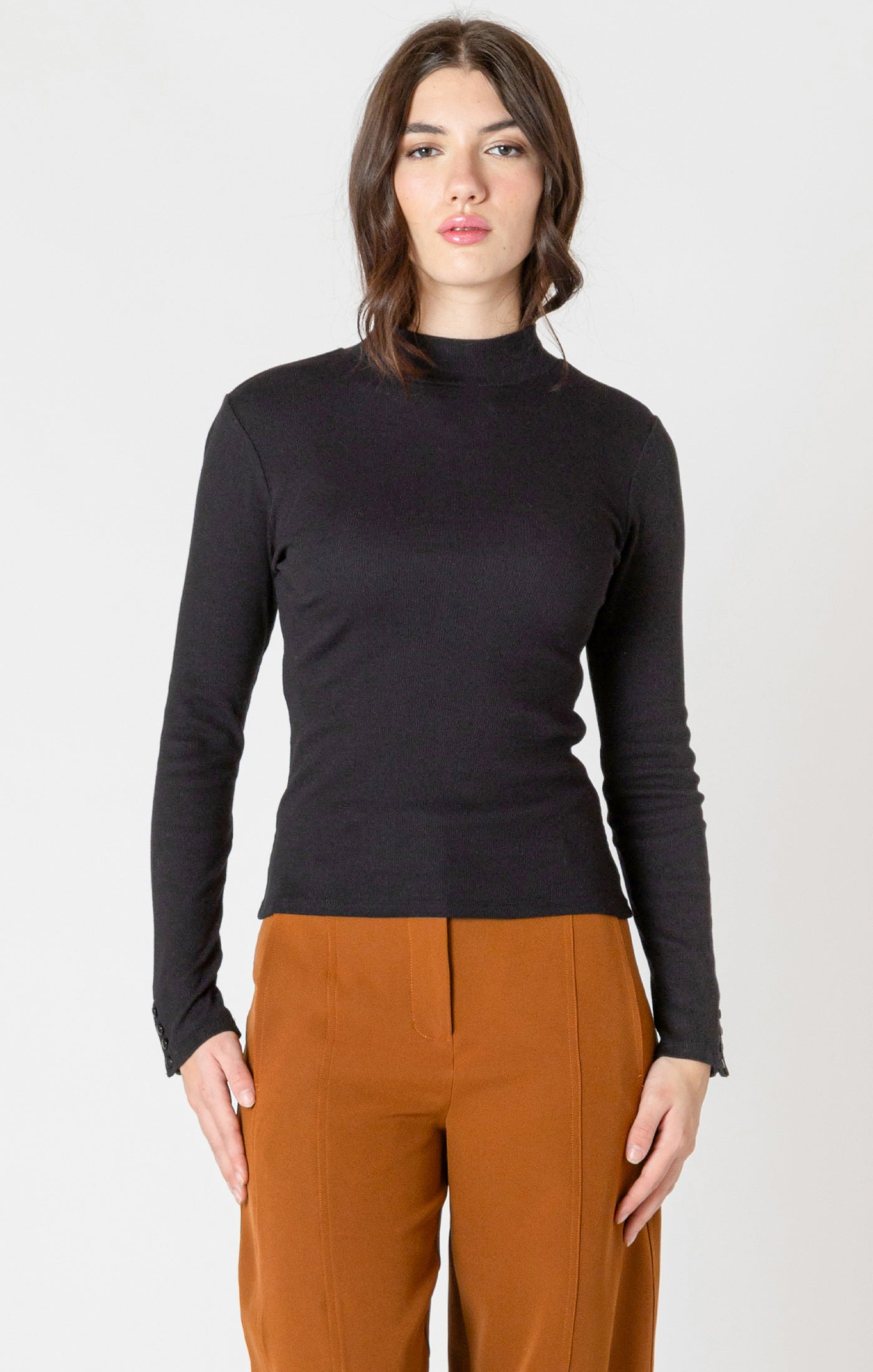 Black Tape Mock Neck Rib Knit Top